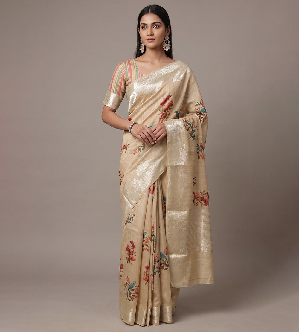 Beige Tussar Saree