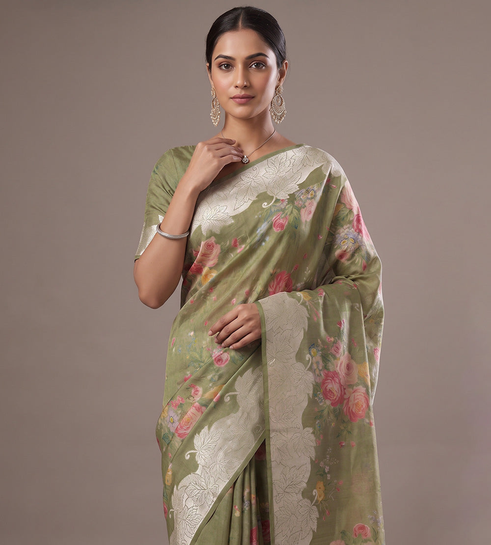 Olive Green Tussar Saree