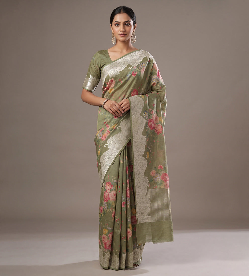 Olive Green Tussar Saree