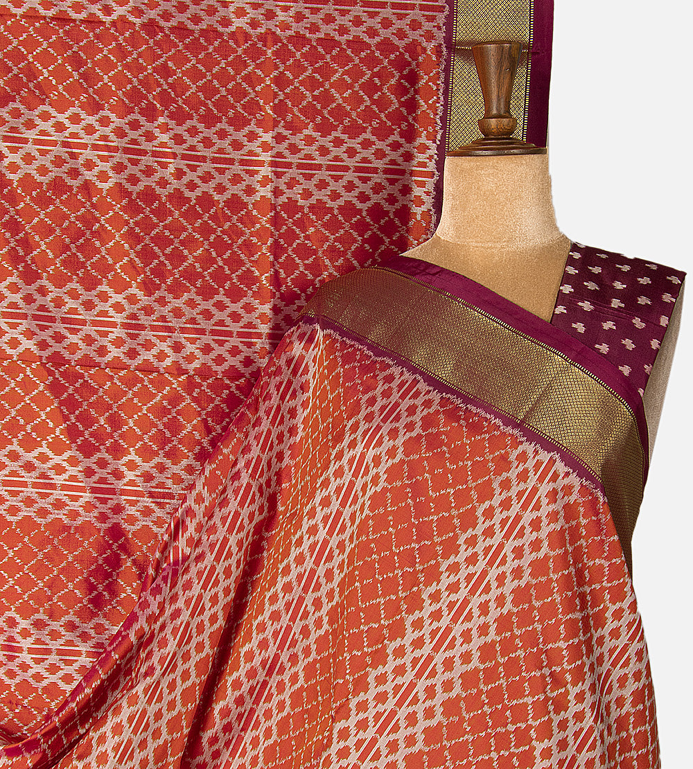 Rust Red Ikkat Silk Saree
