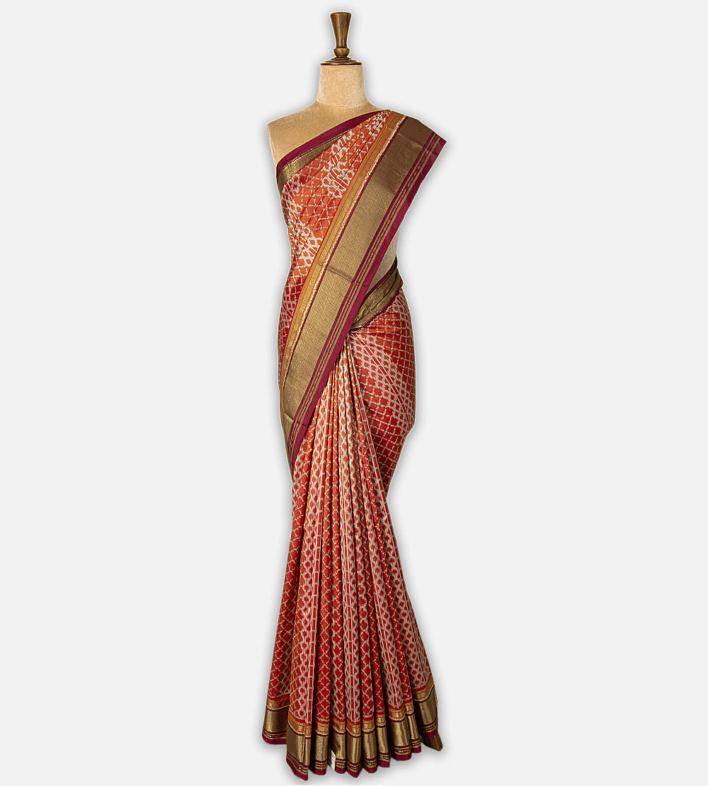 Rust Red Ikkat Silk Saree