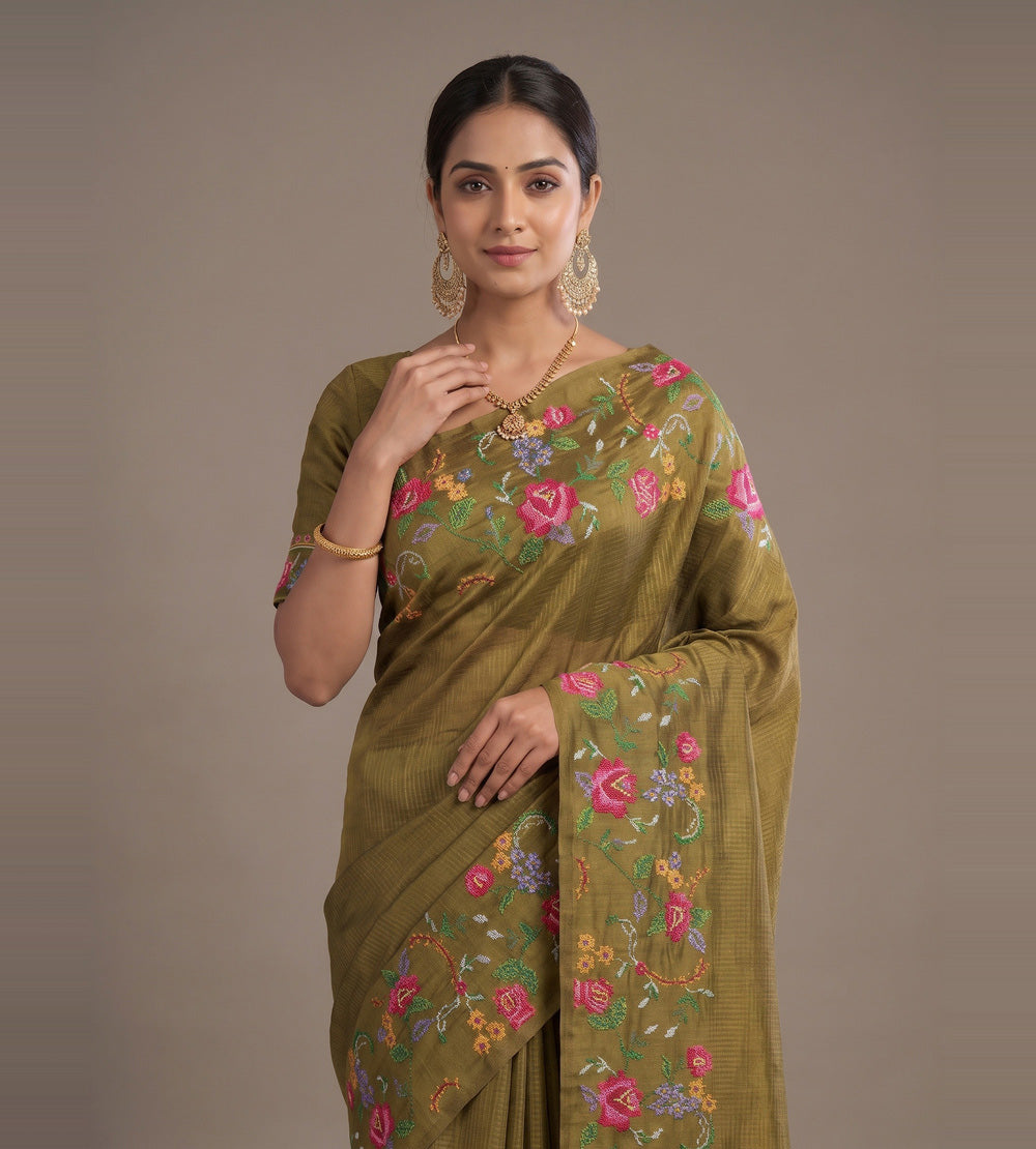 Olive Green Tussar Saree