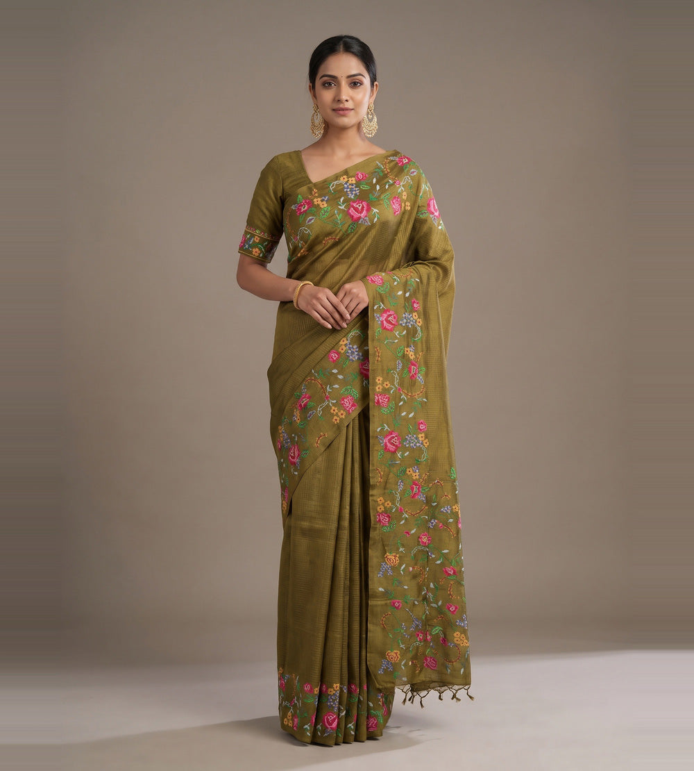 Olive Green Tussar Saree