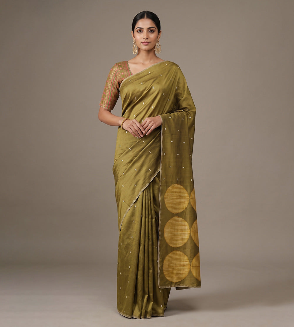 Olive Green Tussar Saree