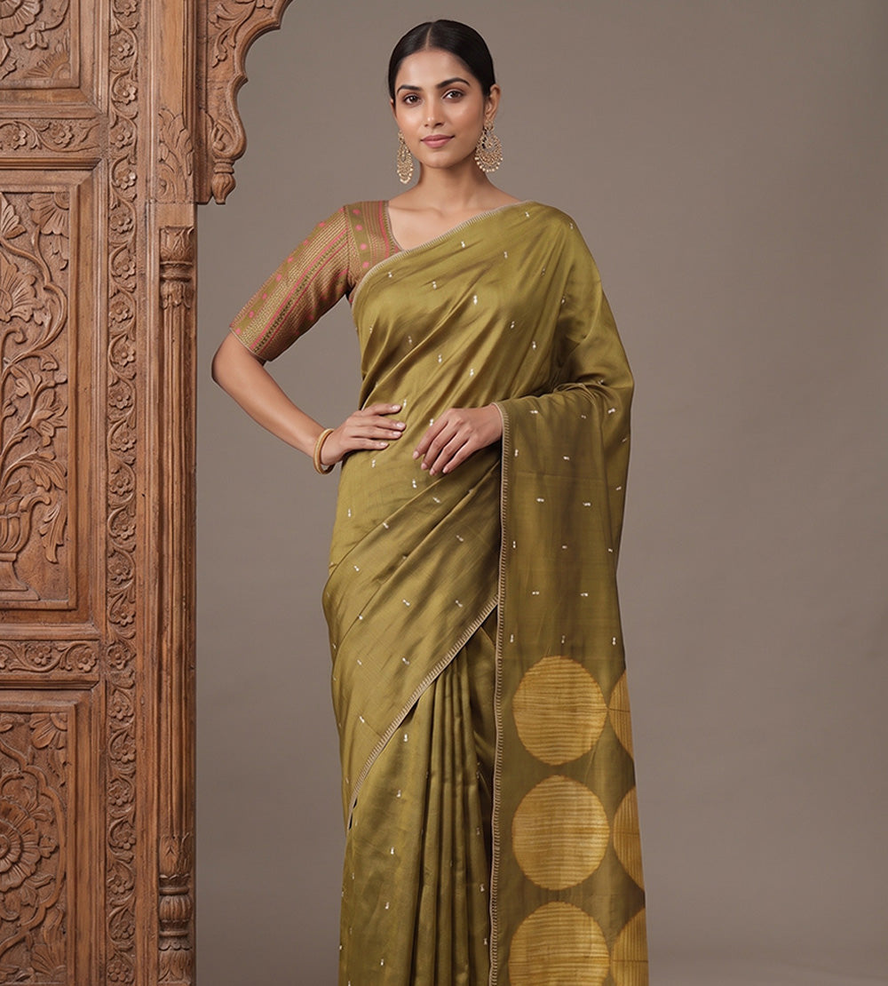 Olive Green Tussar Saree