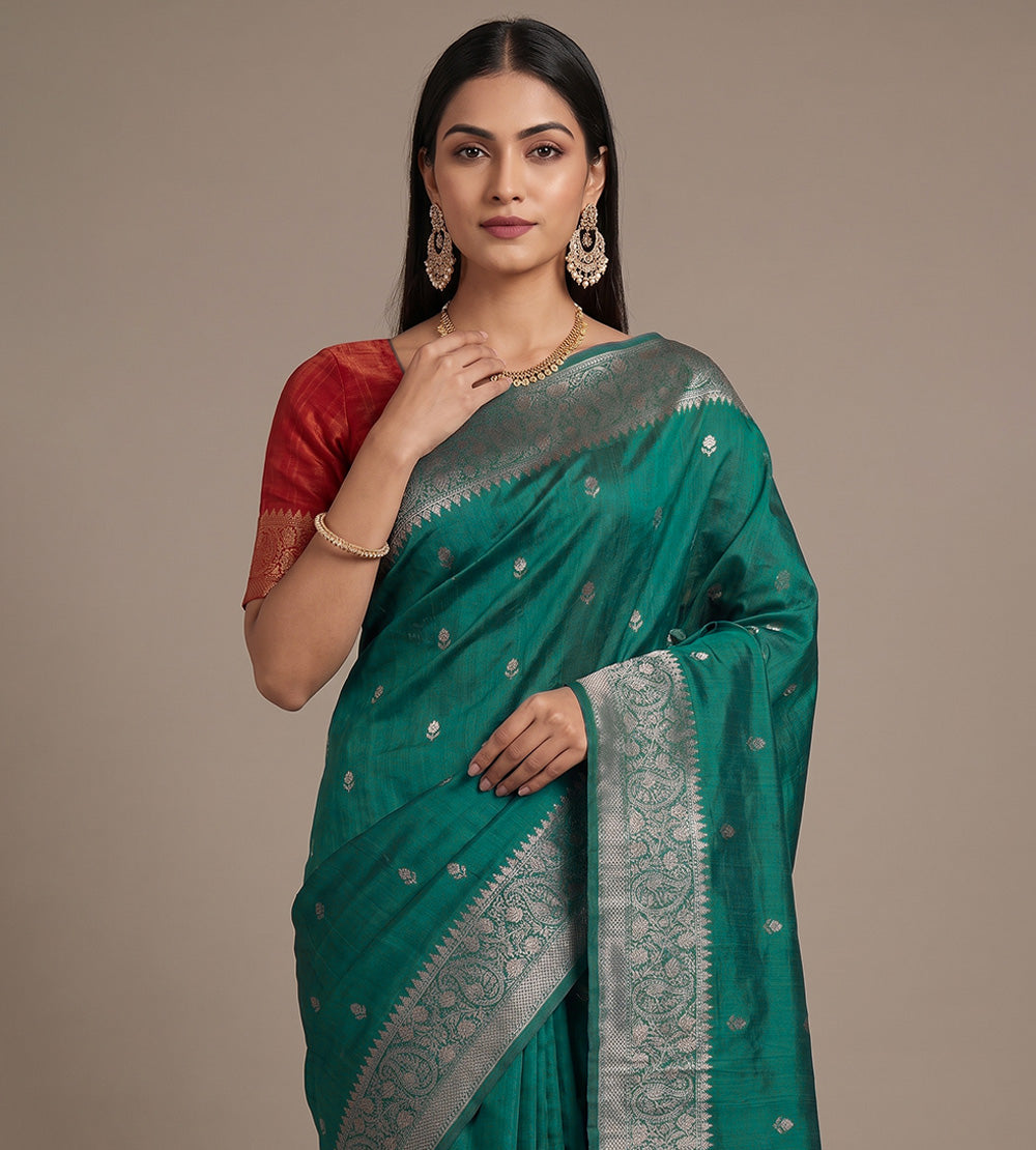 Teal Green Banarasi Tussar Saree