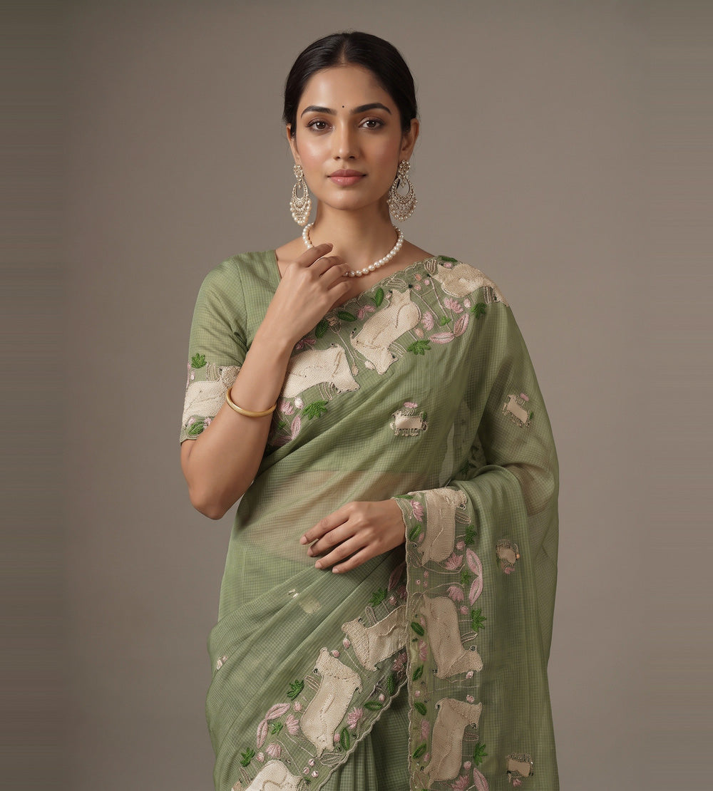 Olive Green Kota Silk Saree