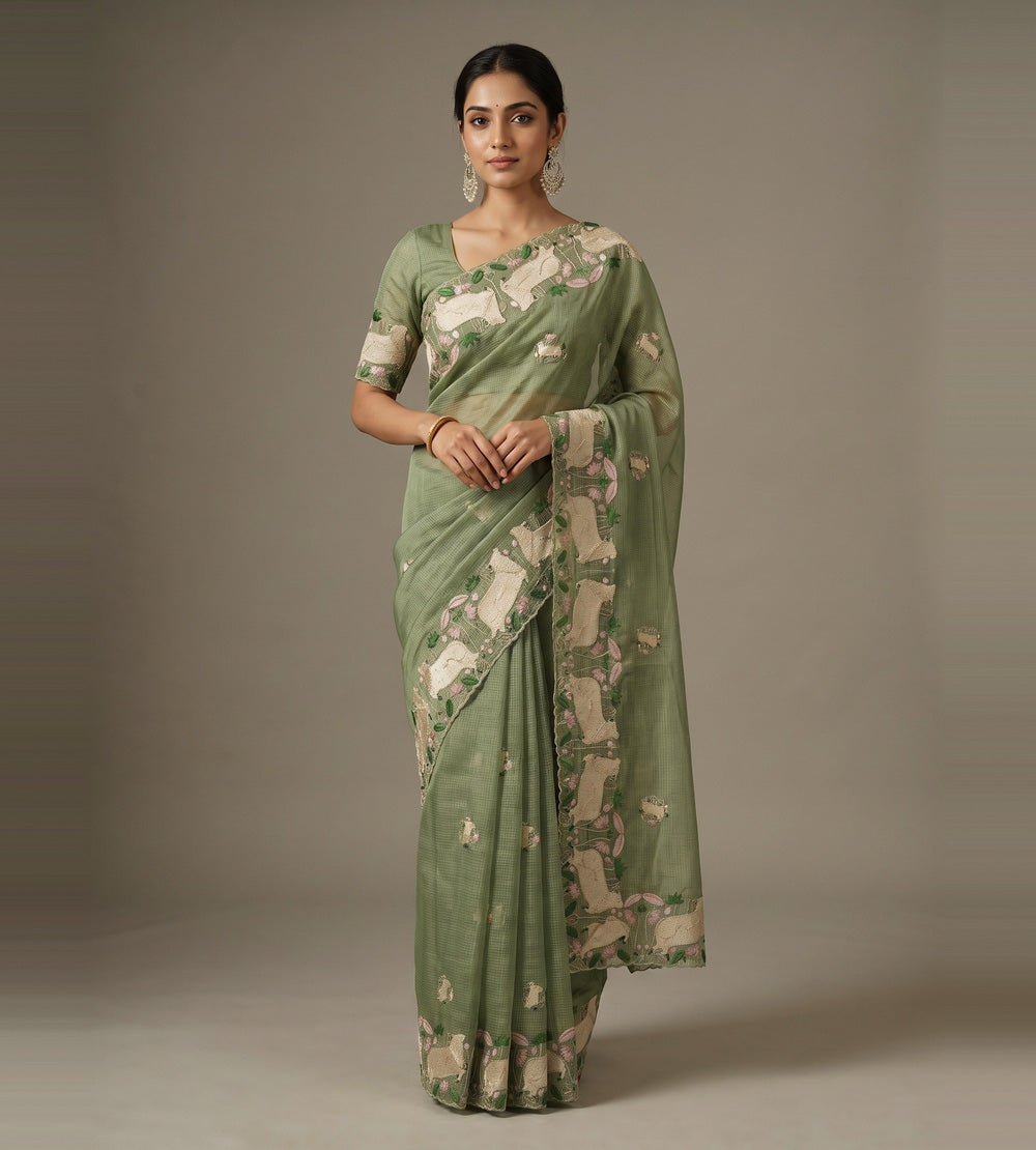 Olive Green Kota Silk Saree