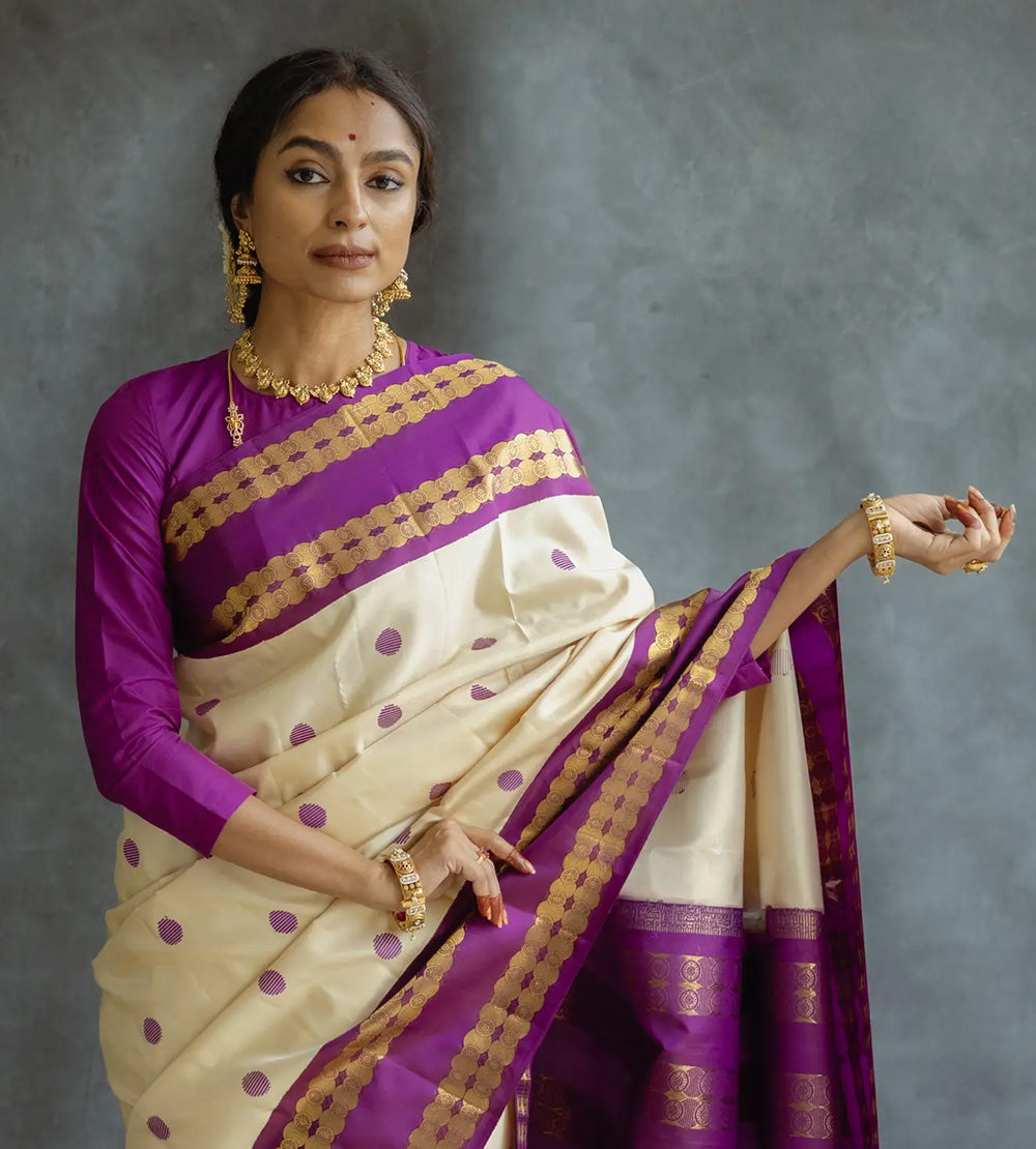 Creme Kanchipuam Silk Saree
