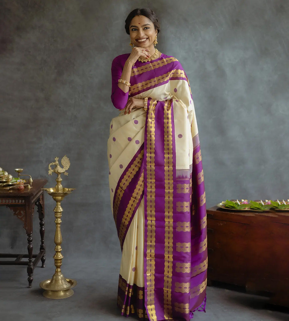 Creme Kanchipuam Silk Saree