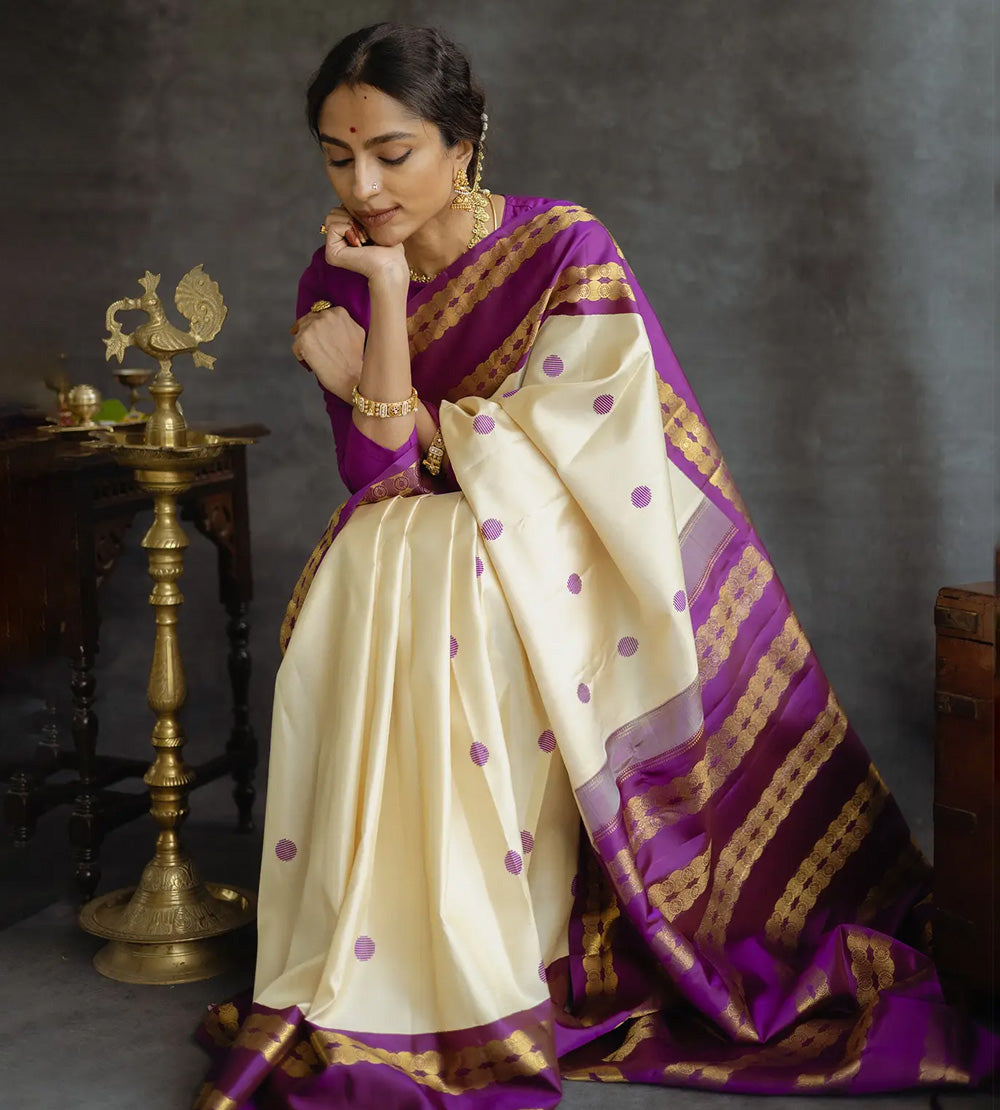 Creme Kanchipuam Silk Saree