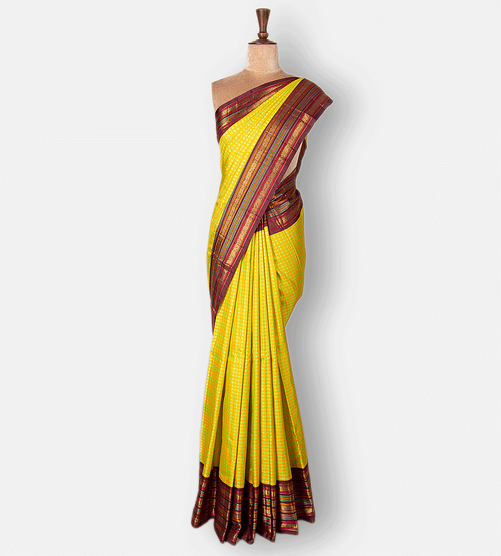 Yellow And Light Green Kanchipuram Silk Saree