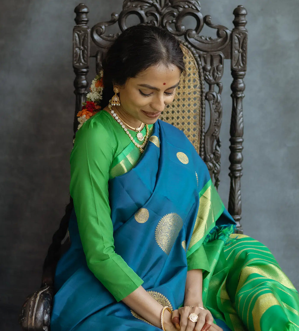 Peacock Blue Korvai Kanchipuram Silk Saree