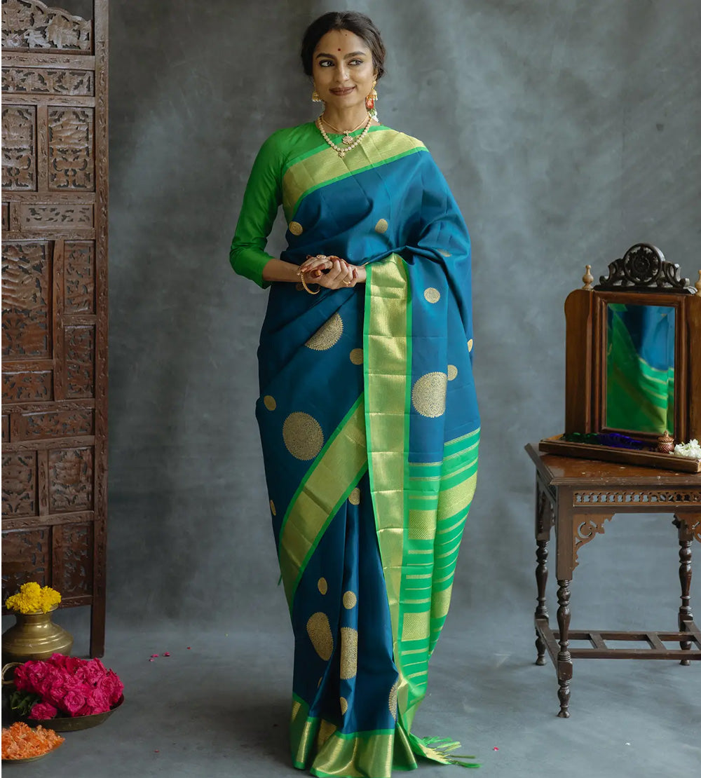 Peacock Blue Korvai Kanchipuram Silk Saree
