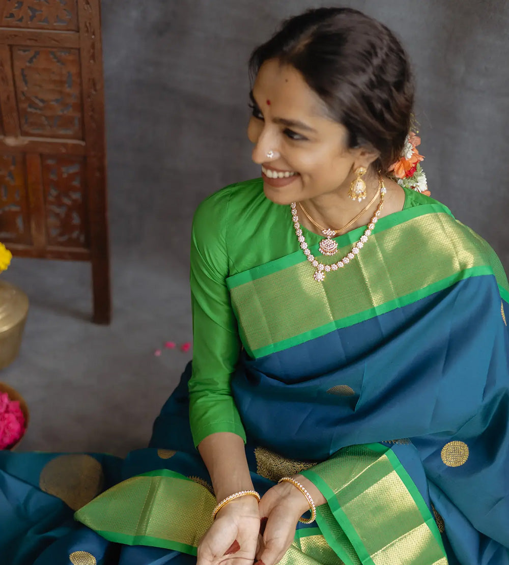 Peacock Blue Korvai Kanchipuram Silk Saree