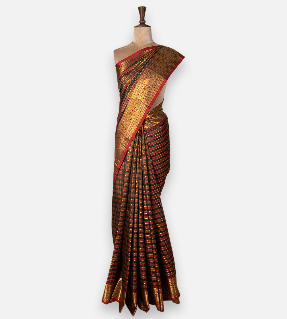 Red and black Kanchipuram Silk Saree