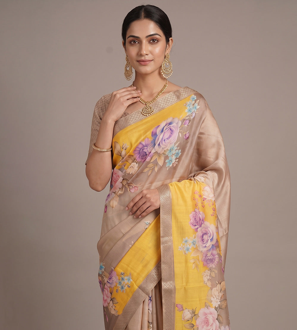 Yellow and Beige Tussar Saree