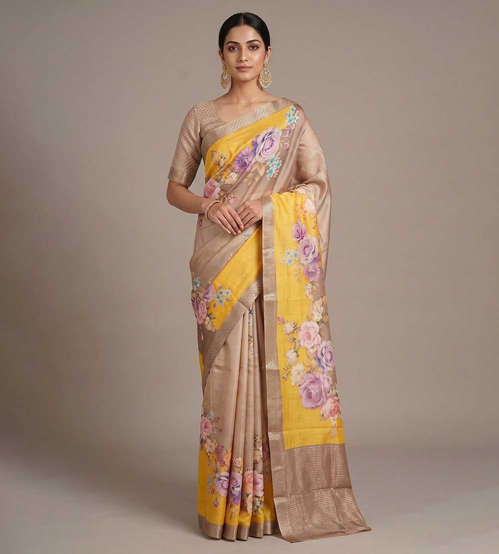 Yellow and Beige Tussar Saree