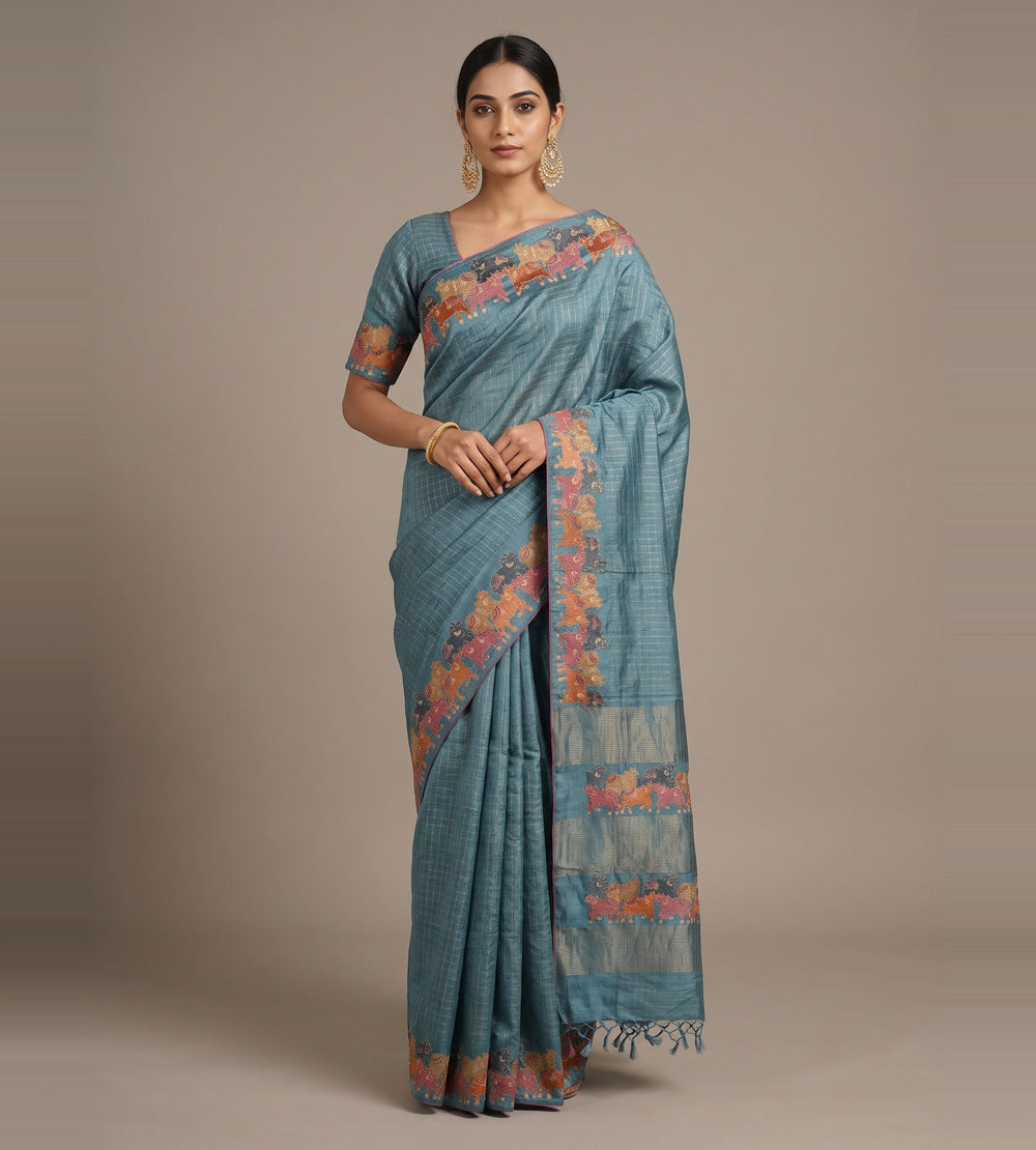 Blue Tussar Saree
