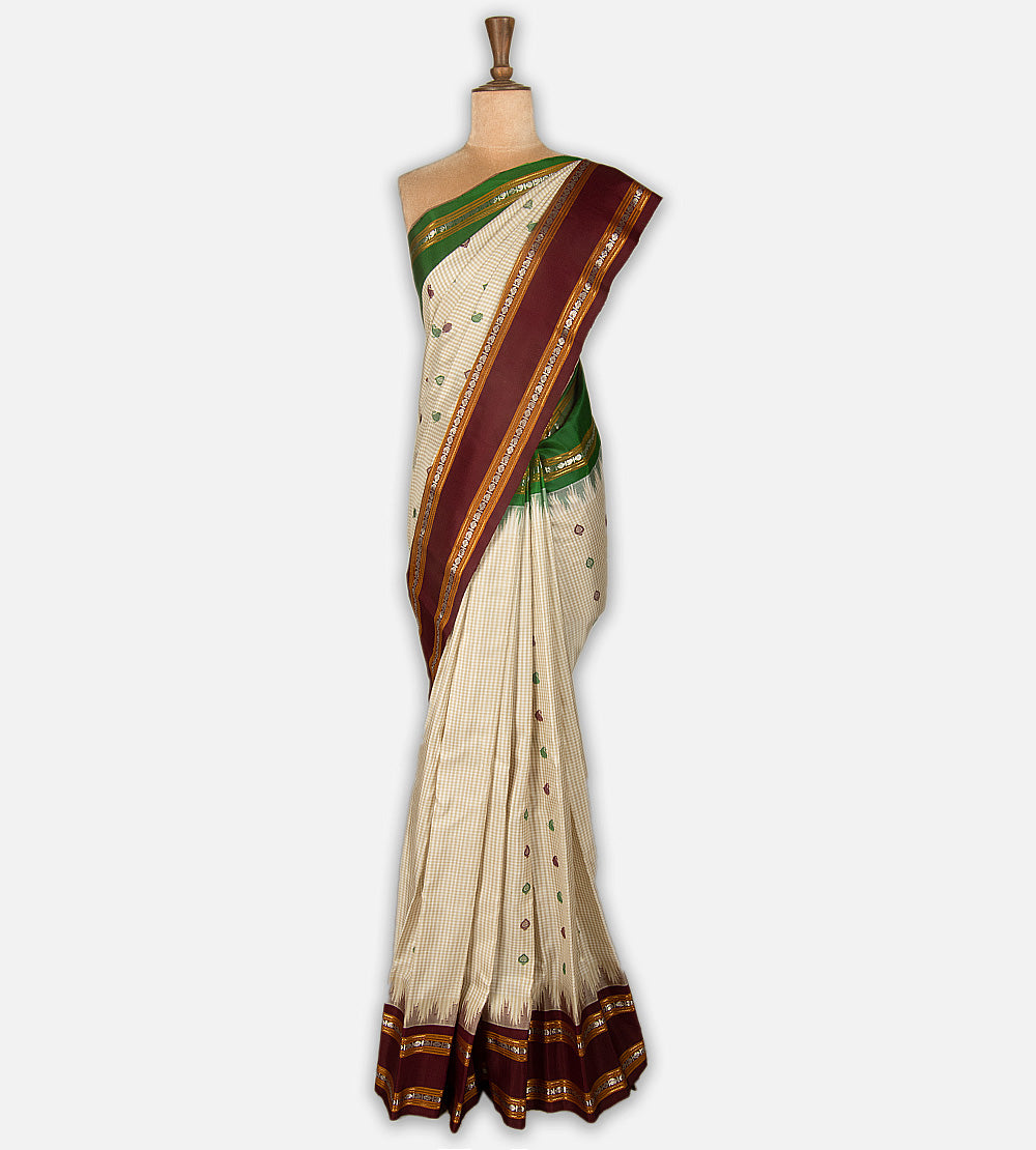 Off-White and Beige Gadwal Silk Saree