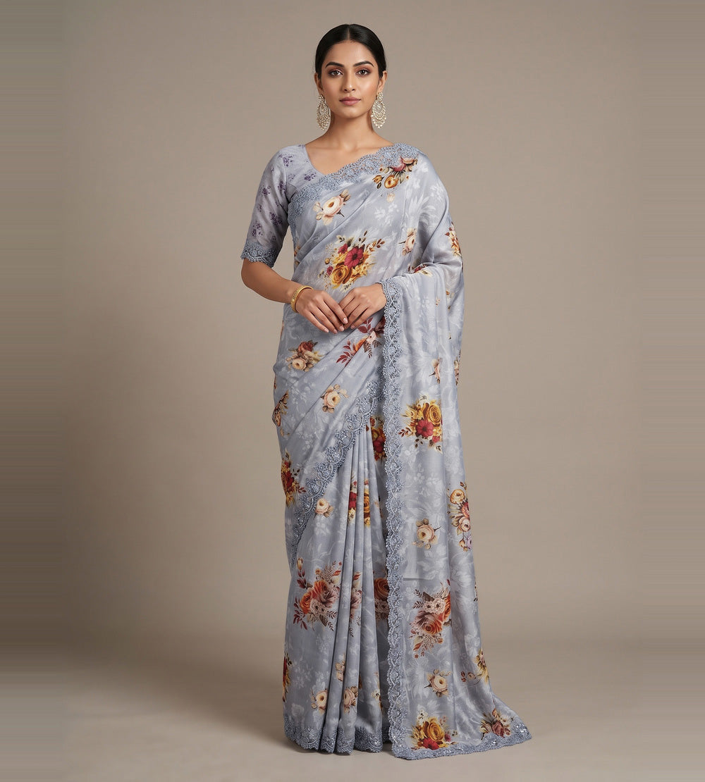 Powder Blue Chiffon Saree