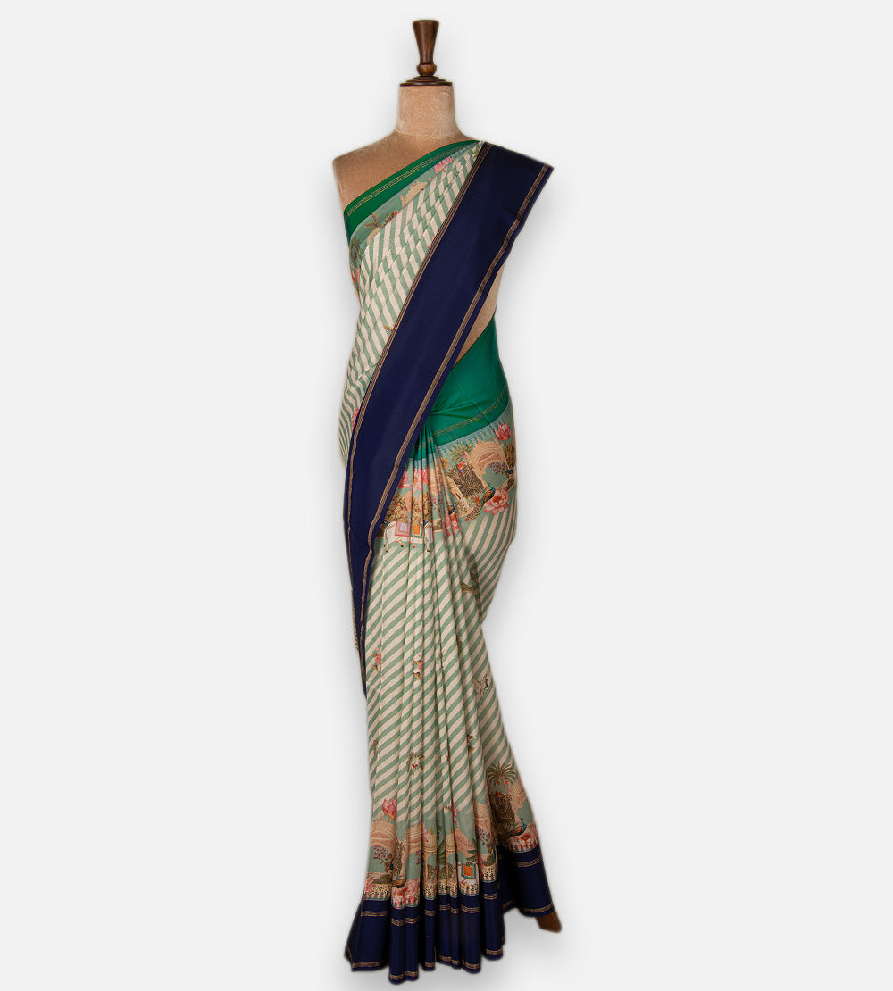 Off-White and Green Soft Silk Saree