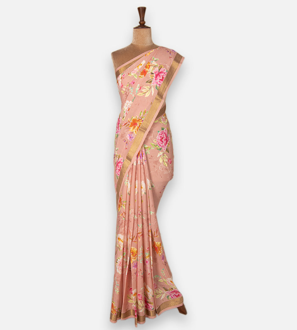 Light Peach Mysore Crepe Printed Saree