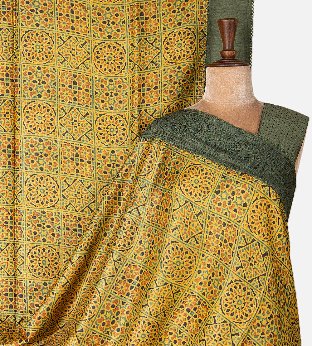 Yellow Tussar Ajrakh Printed Saree
