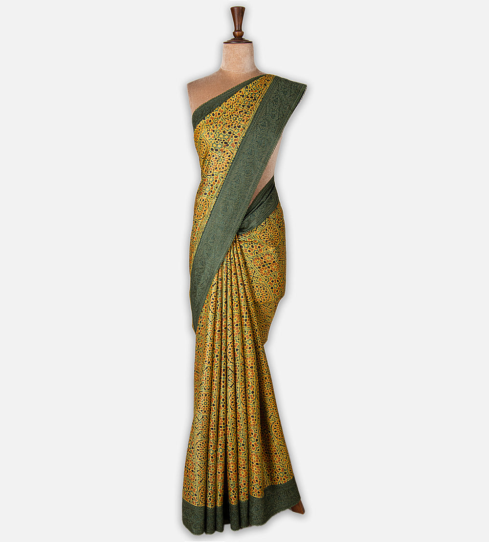 Yellow Tussar Ajrakh Printed Saree