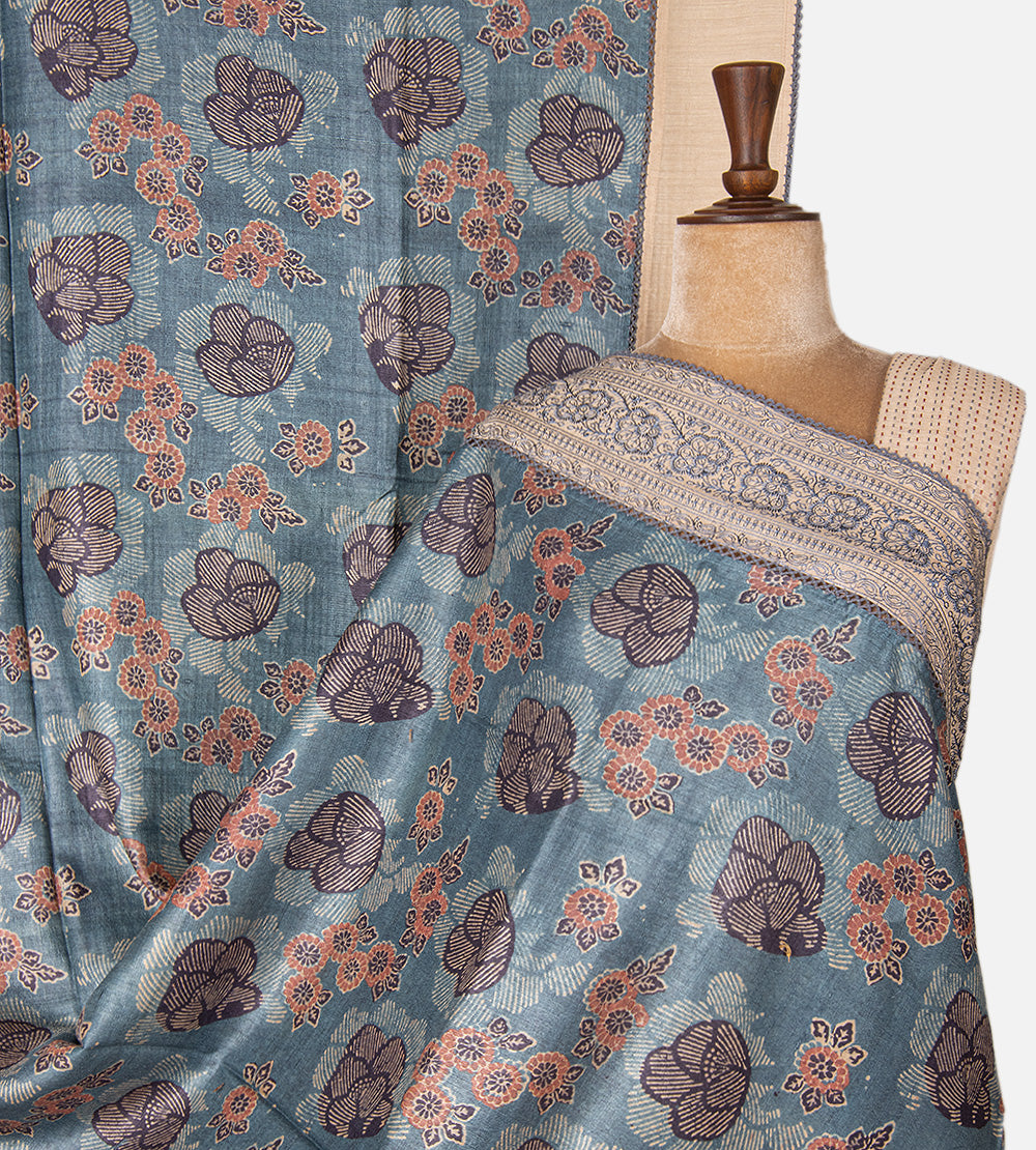 Blue Tussar Ajrakh Printed Saree