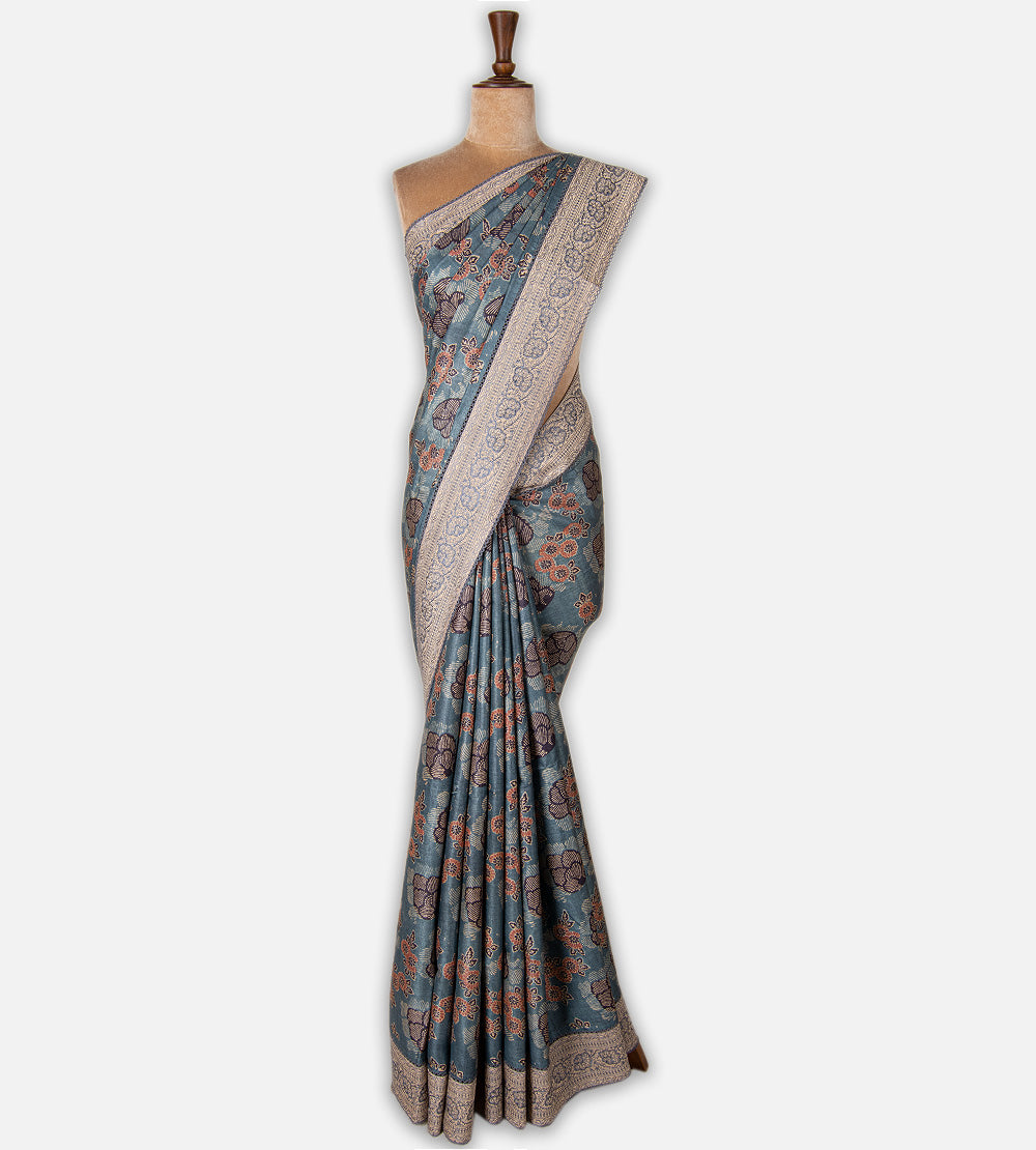 Blue Tussar Ajrakh Printed Saree