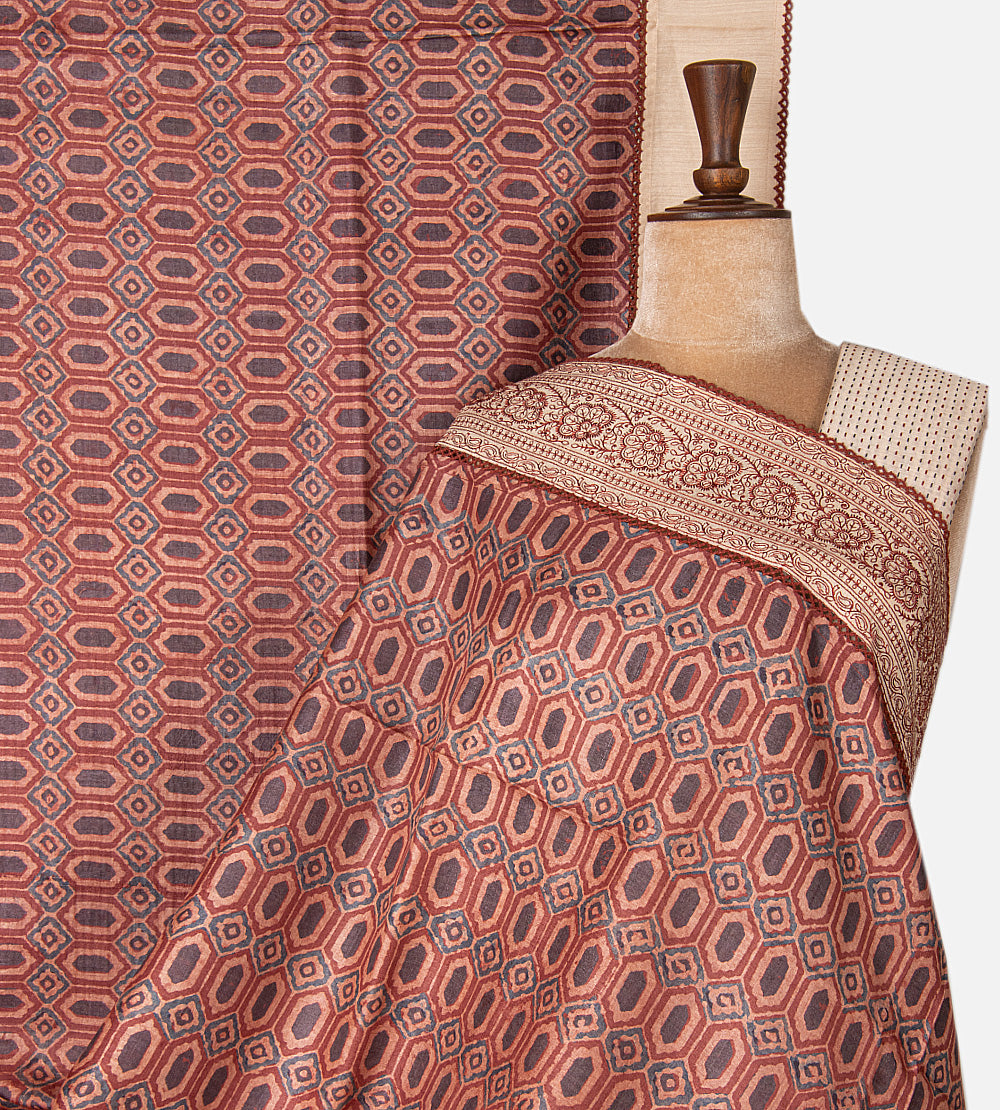 Multicolour Tussar Ajrakh Printed Saree