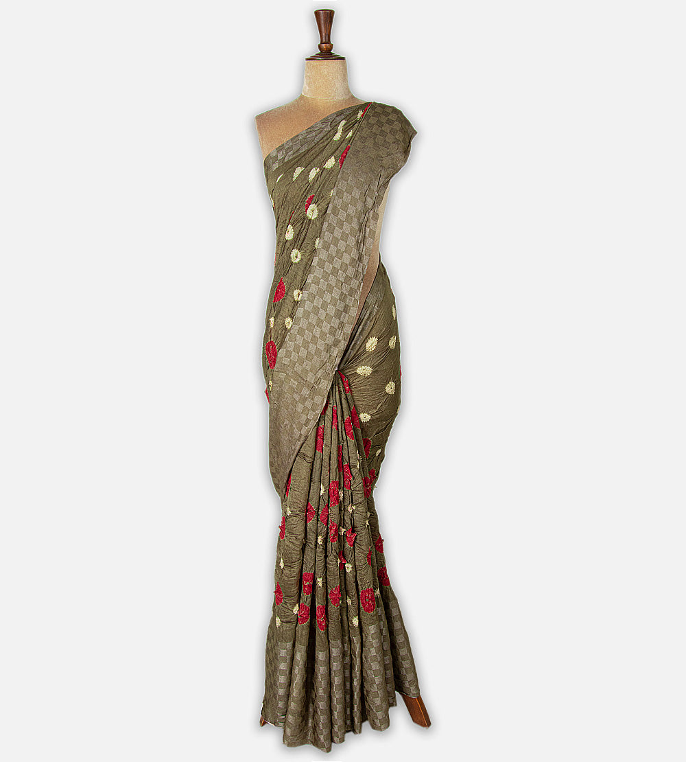 Olive Green Shibori Tussar Bandhani Saree
