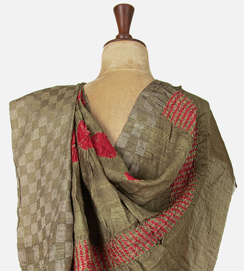 Olive Green Shibori Tussar Bandhani Saree