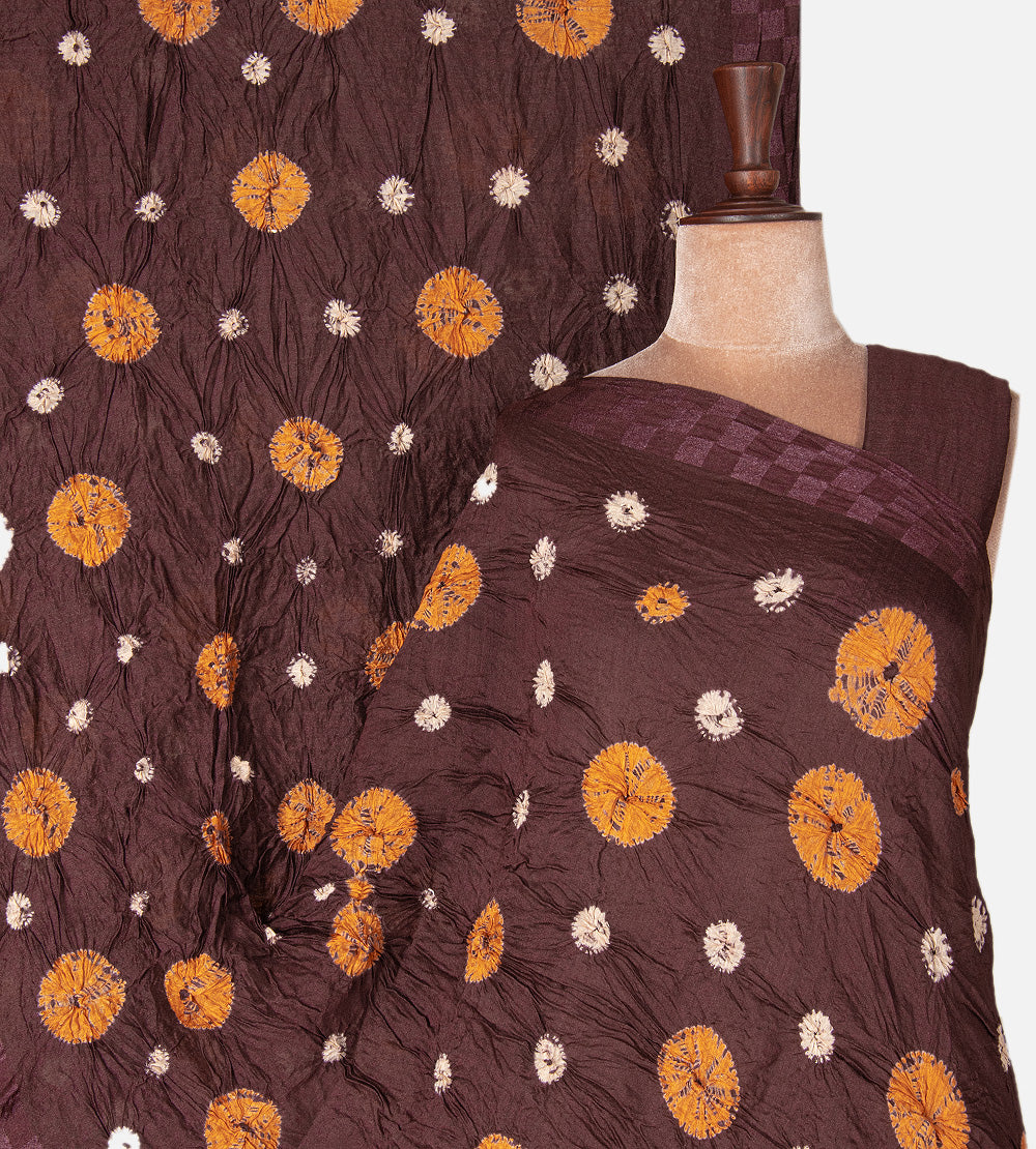 Deep Chocolate Brown Shibori Tussar Bandhani Saree