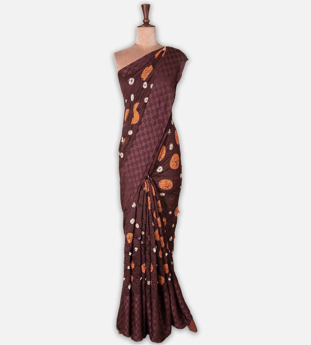 Deep Chocolate Brown Shibori Tussar Bandhani Saree