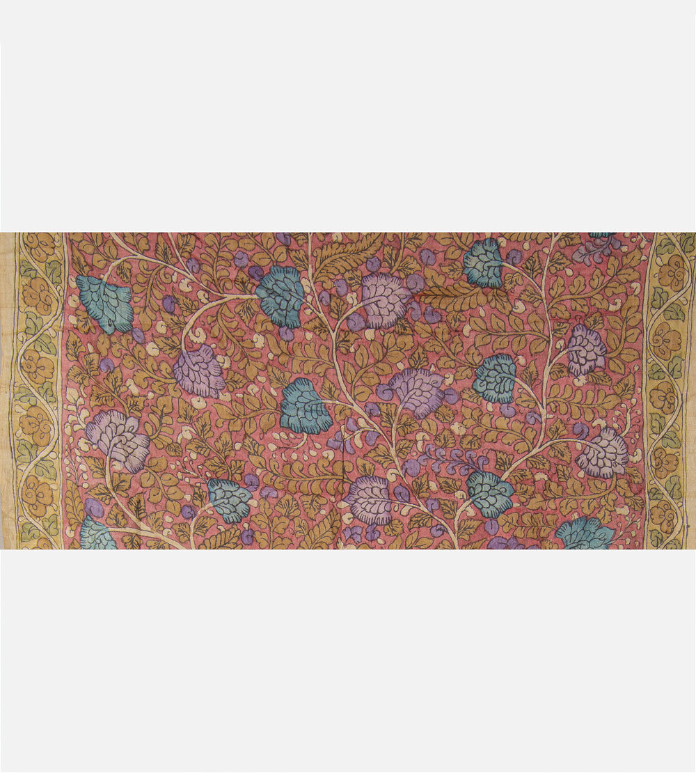 Burnt Coral Bandhani Tussar Kalamkari Saree