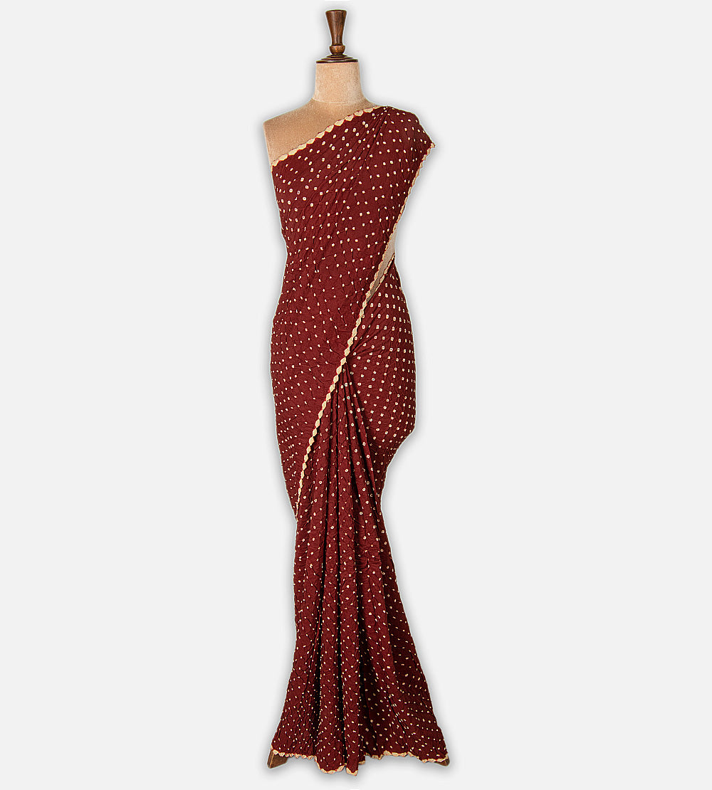 Maroon Bandhani Tussar Kalamkari Saree