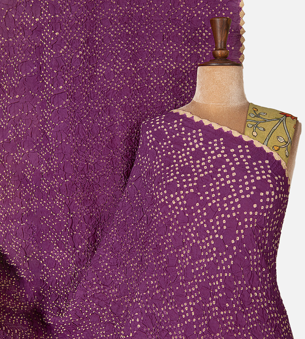 Purple Bandhani Tussar Kalamkari Saree