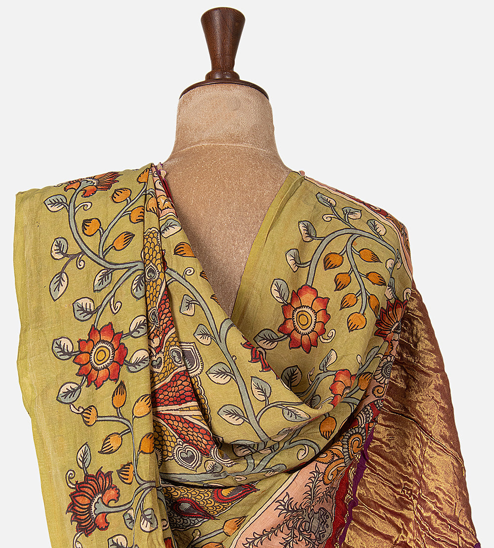 Purple Bandhani Tussar Kalamkari Saree