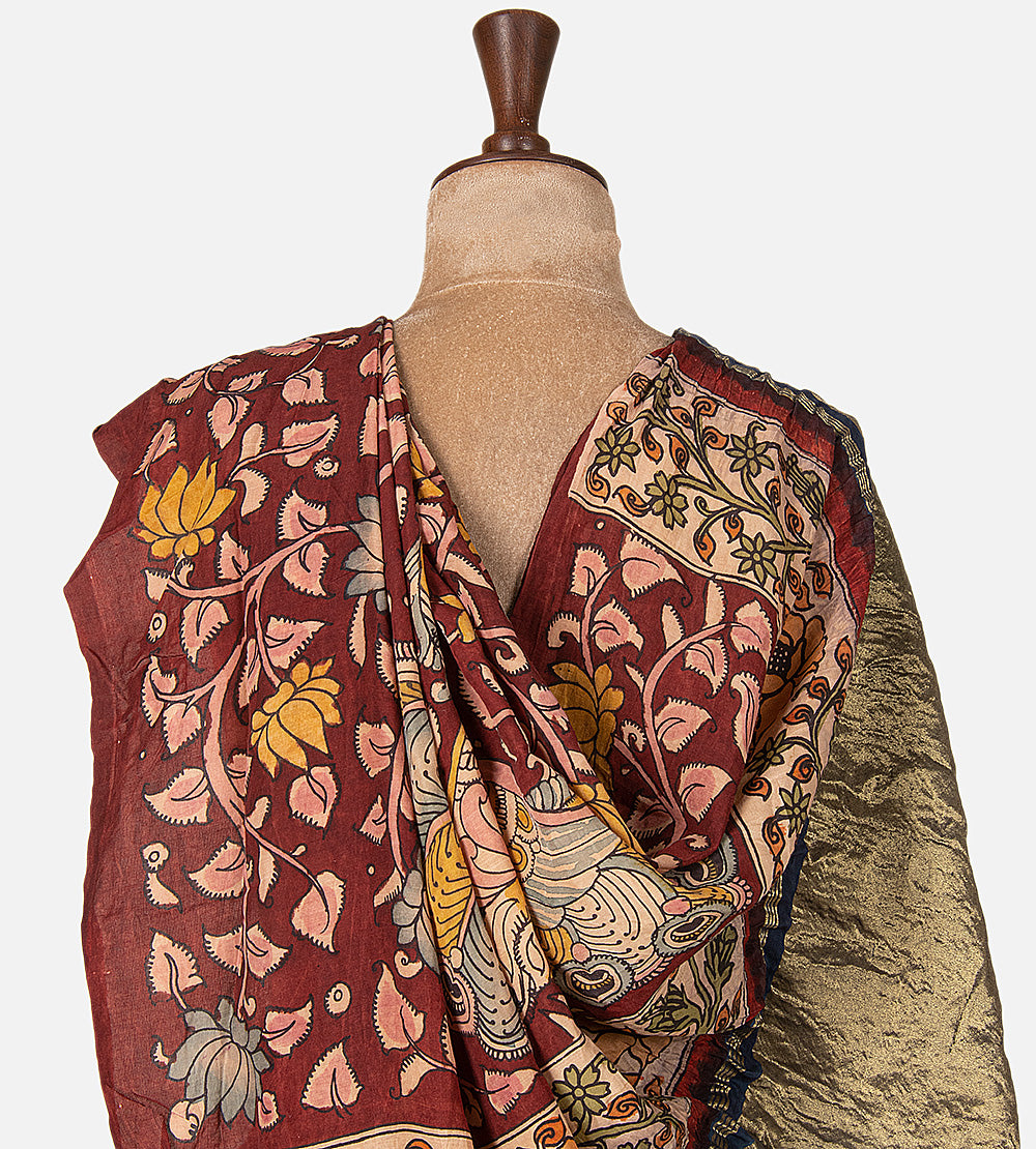 Blue Bandhani Tussar Kalamkari Saree