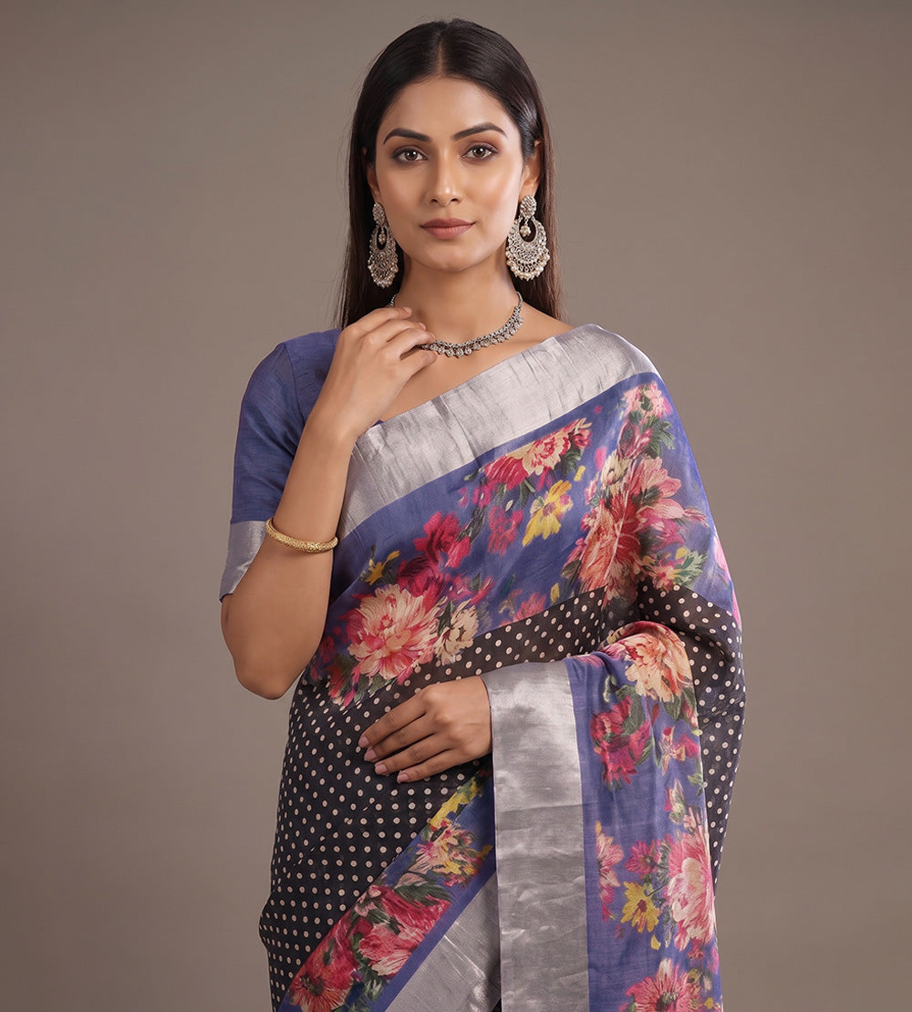 Blue and Black Tussar Saree