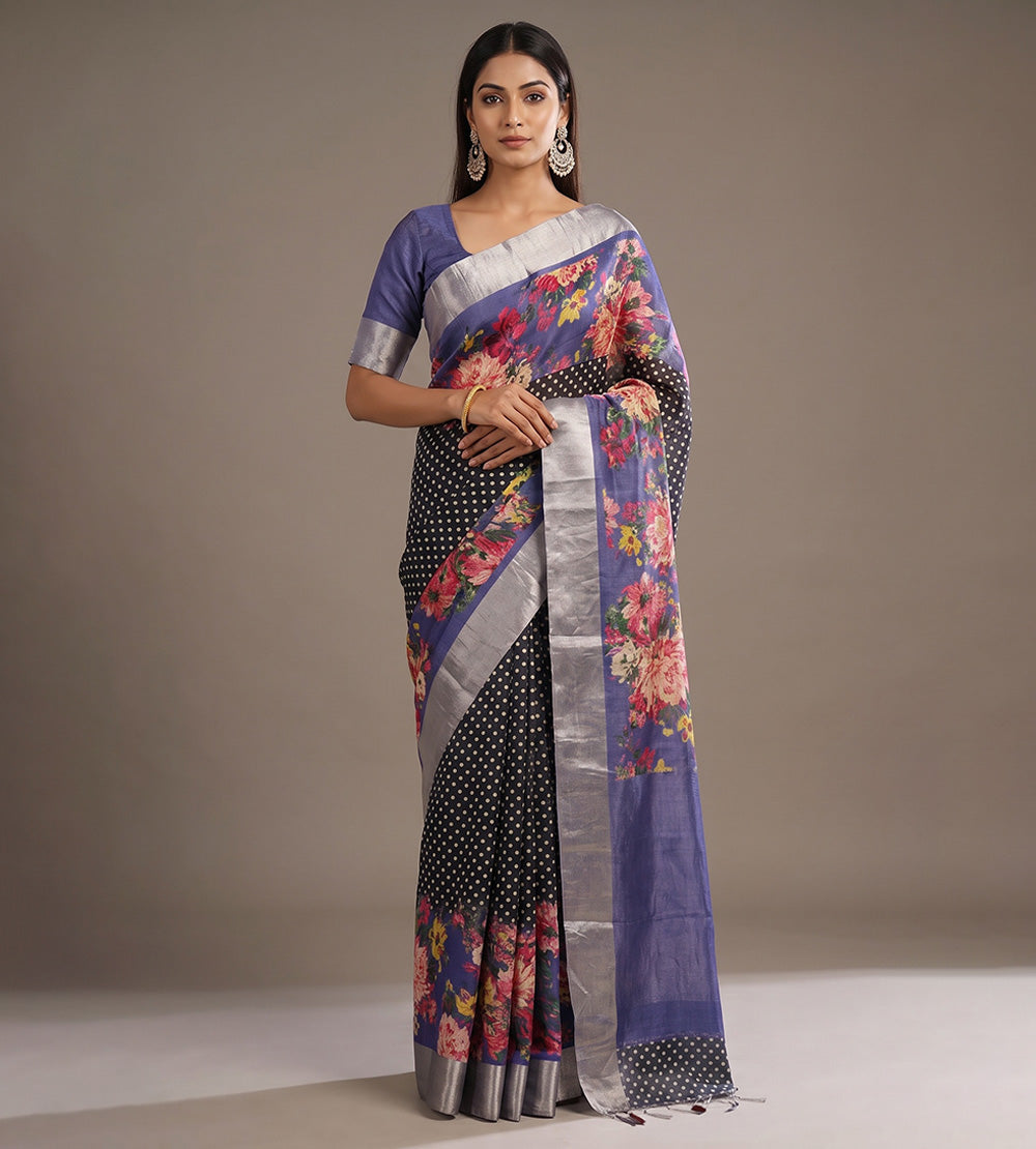 Blue and Black Tussar Saree
