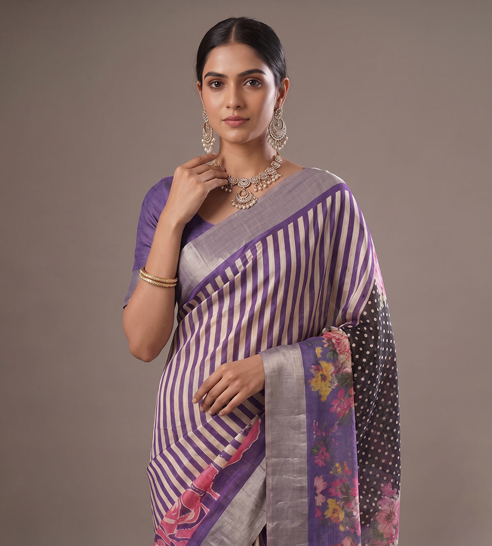 Purple and Beige Tussar Saree
