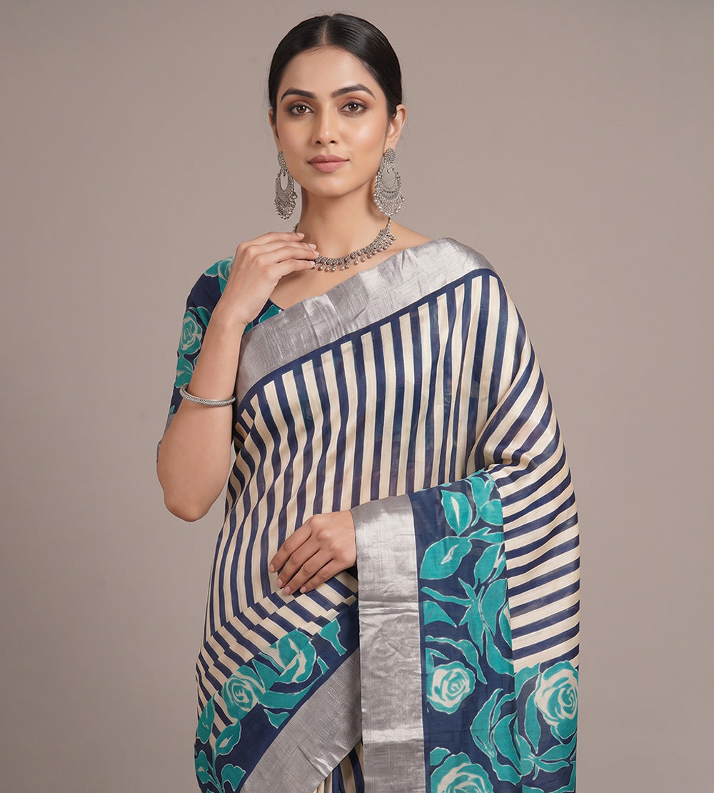 Blue and Beige Tussar Saree