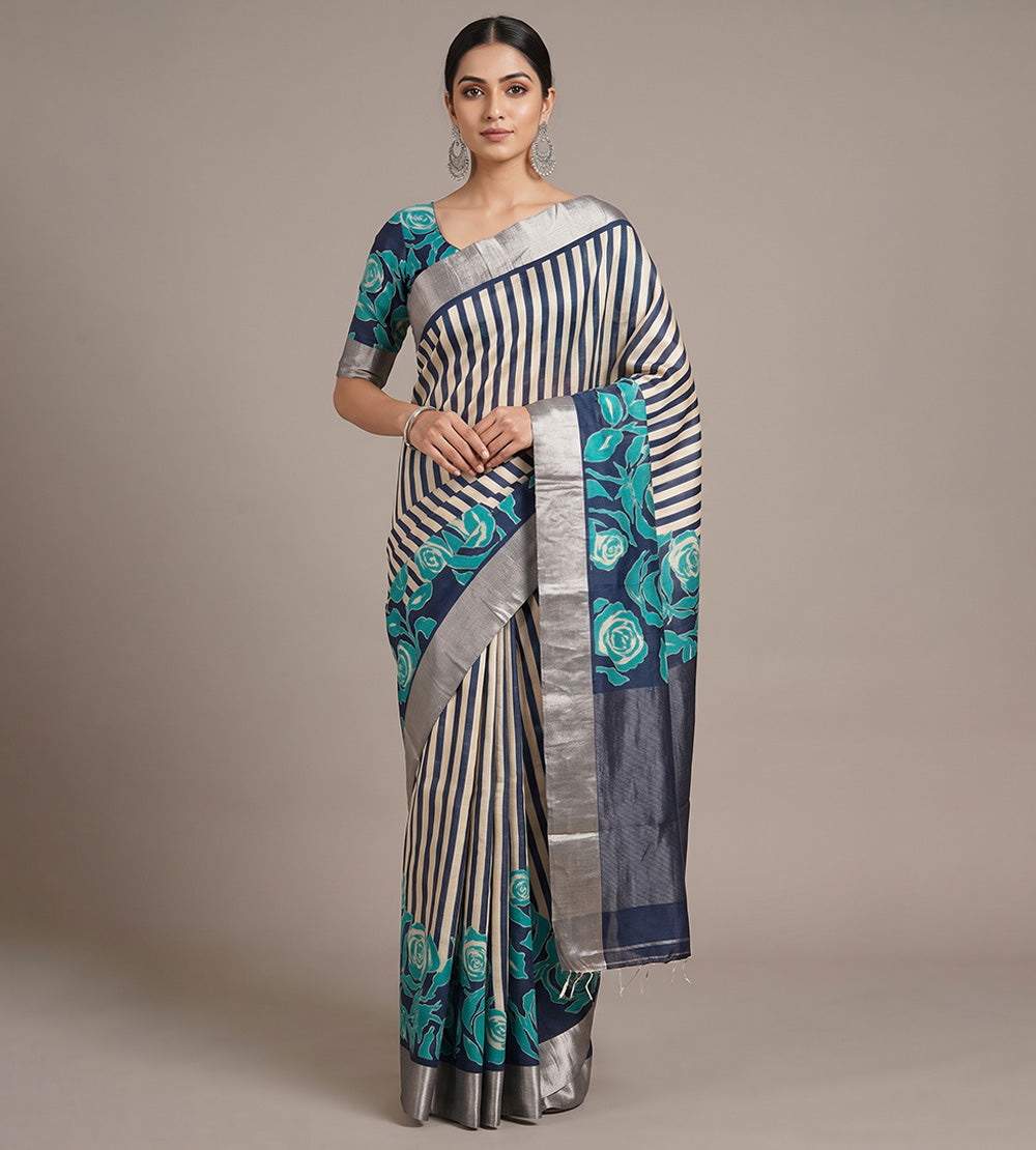 Blue and Beige Tussar Saree