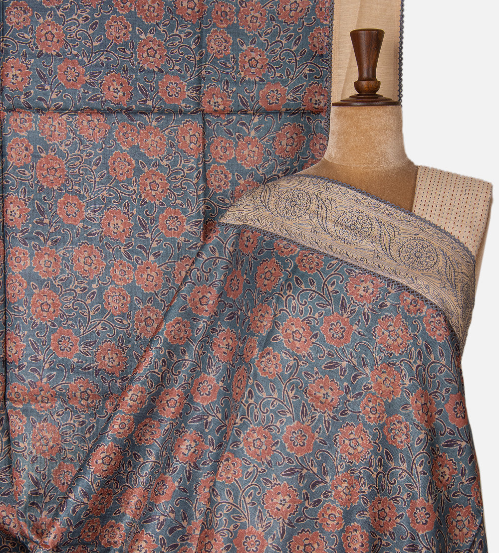 Grey Tussar Ajrakh Printed Saree