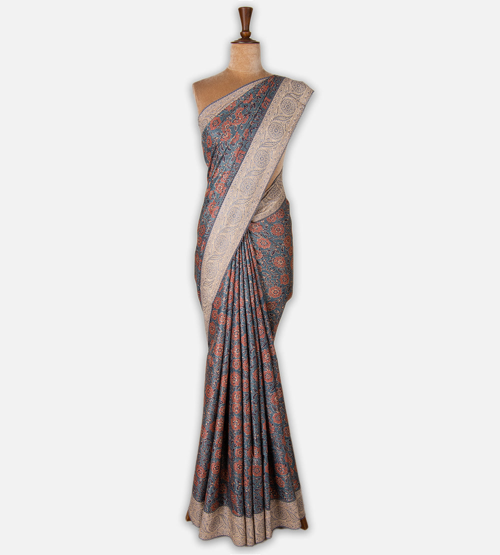 Grey Tussar Ajrakh Printed Saree