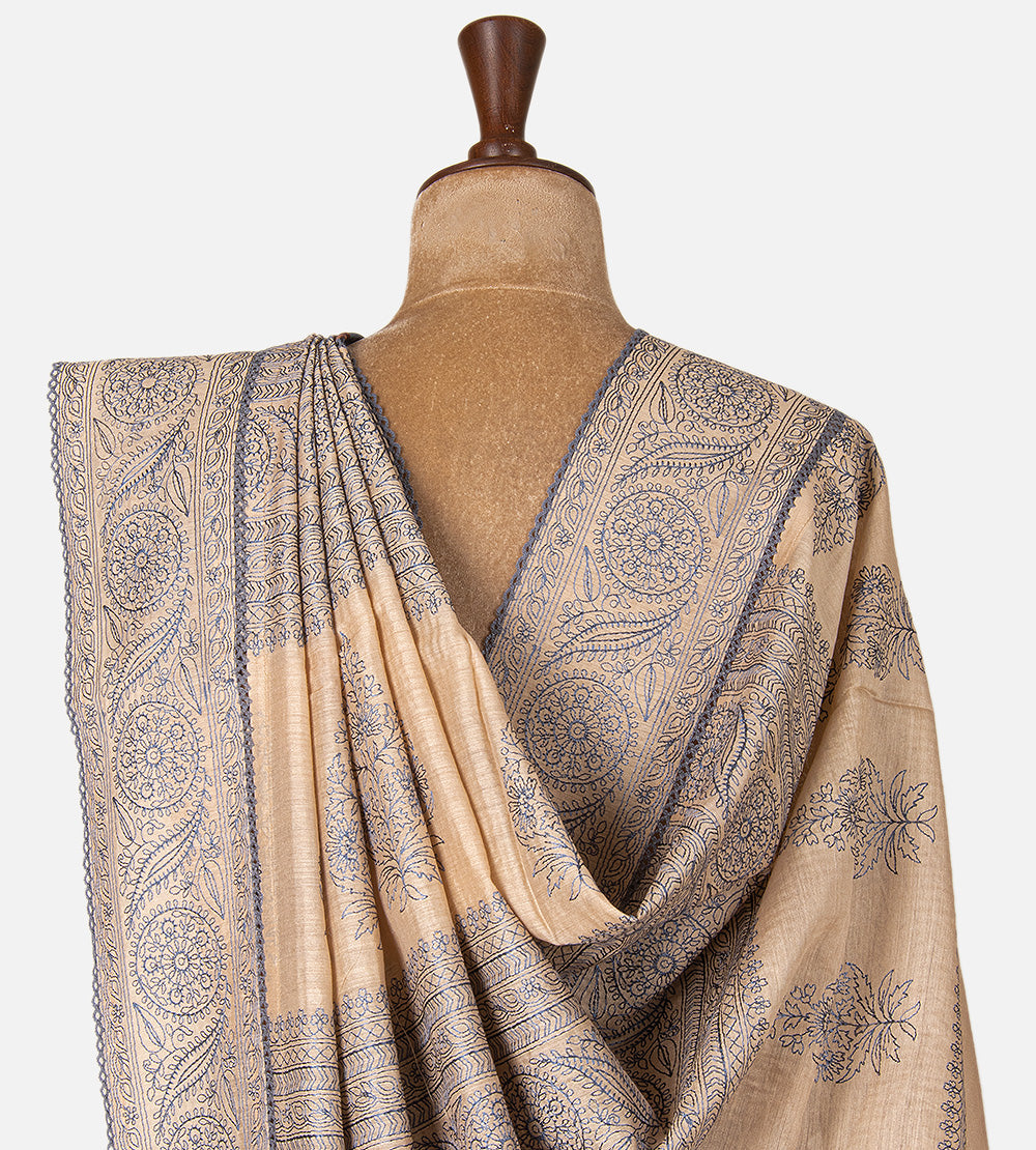 Grey Tussar Ajrakh Printed Saree