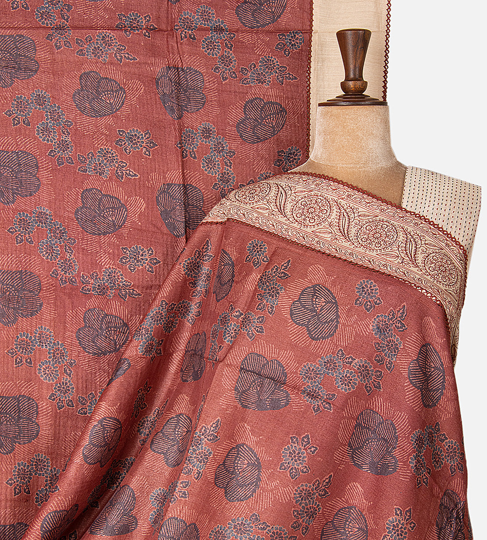 Terracotta Pink Tussar Ajrakh Printed Saree